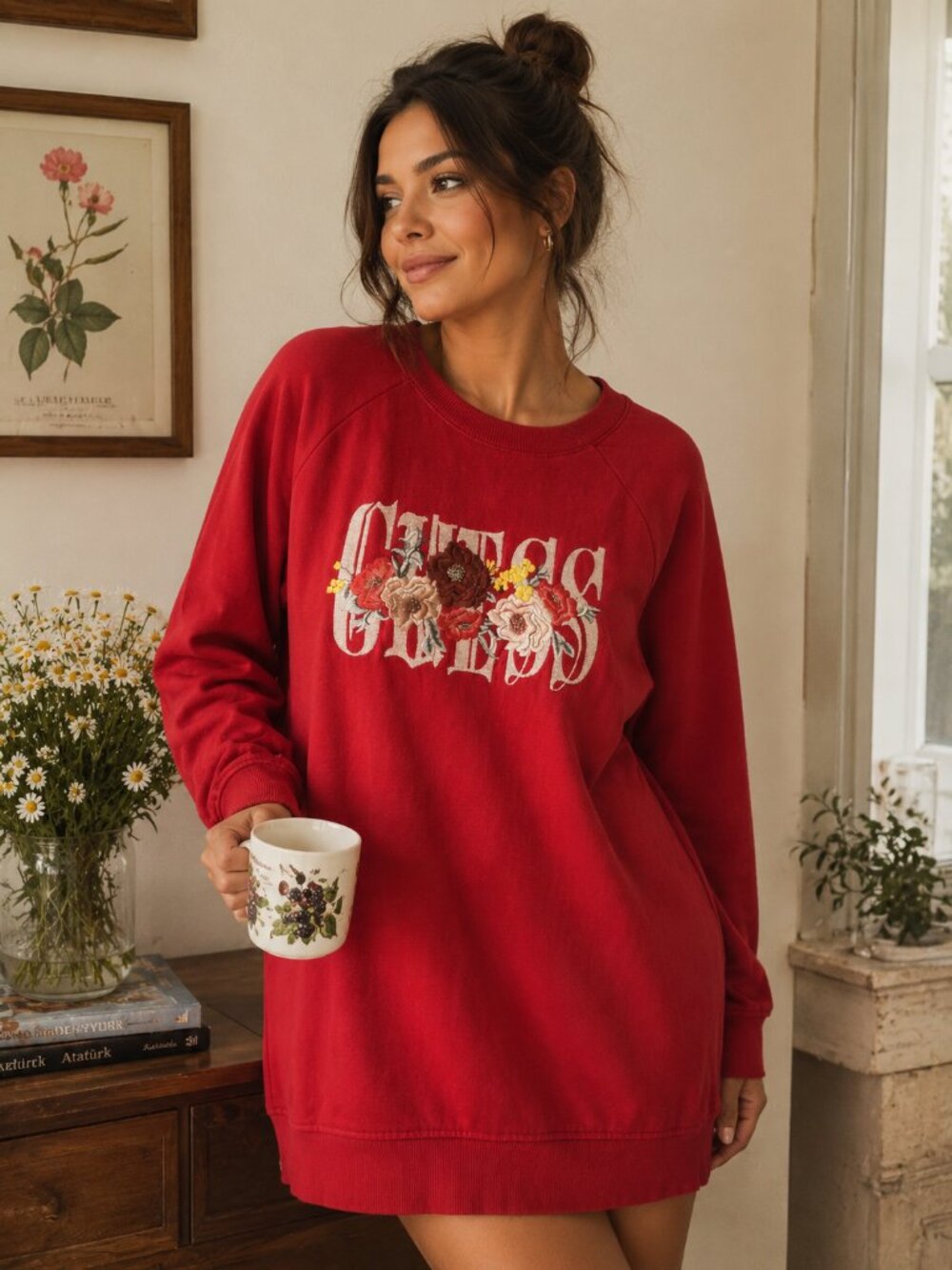GUESS Longline Sweatshirt Tunic with Floral Logo and Red Embroidery, Size XS